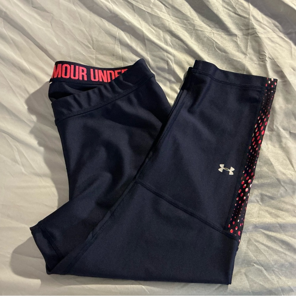 Under Armour Navy Leggings with Pink Waistband Script